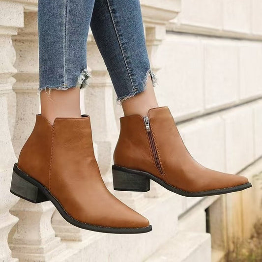 Leather Pointed Toe Low Block Heel Ankle Boots