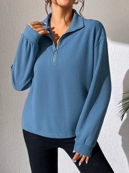 Women’s Pullover Top – Relaxed Fit – Cotton Blend – Half Zip Long Sleeve Casual