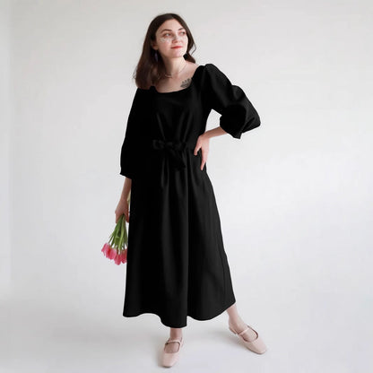 Women’s Midi Dress – Lightweight Cotton – Loose Fit – Square Neck – Long Sleeve