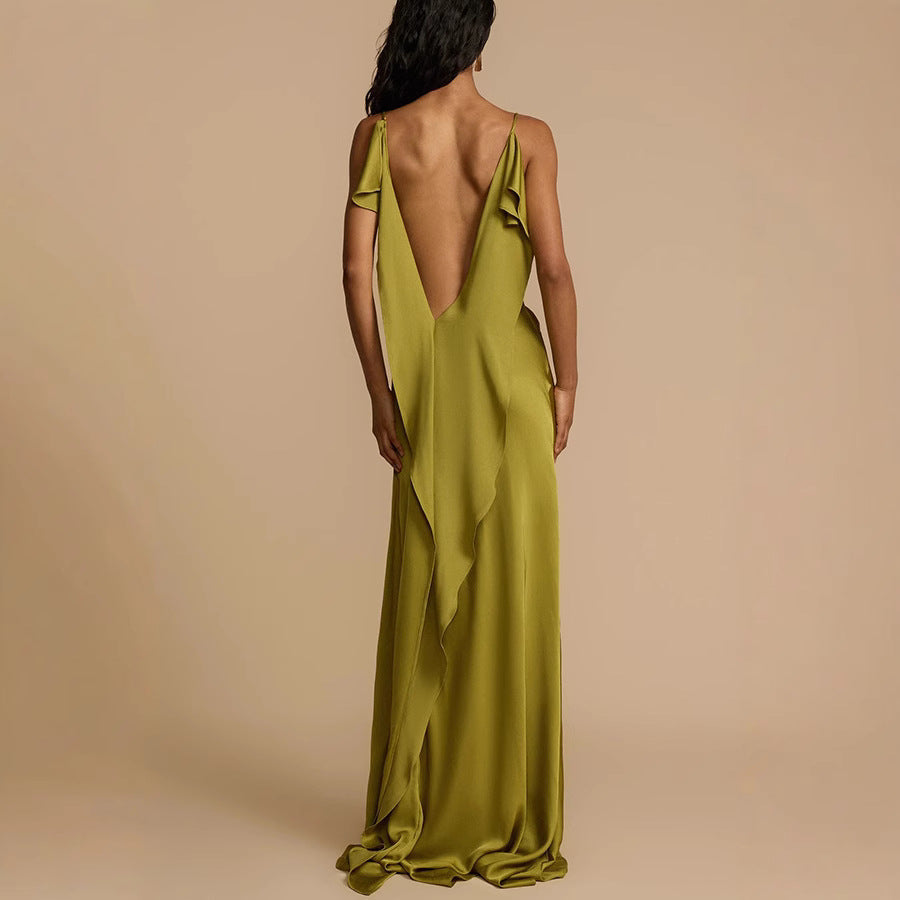 Women’s Slip Dress – Satin Fabric – Cowl Neck – Spaghetti Straps – Side Slit – Full Length