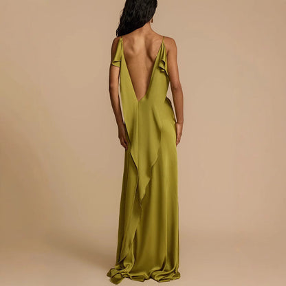 Women’s Slip Dress – Satin Fabric – Cowl Neck – Spaghetti Straps – Side Slit – Full Length