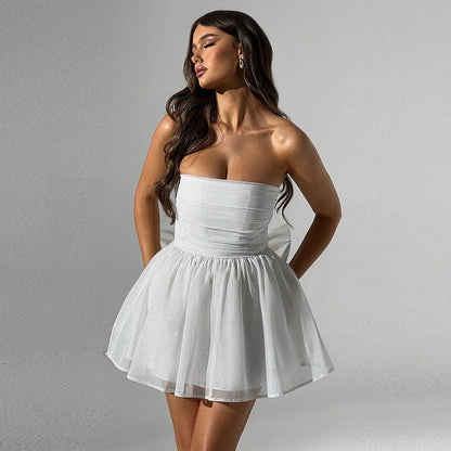 Women’s Mini Dress – Strapless Slim Fit – A-Line Silhouette – Sparkly Mesh Partywear