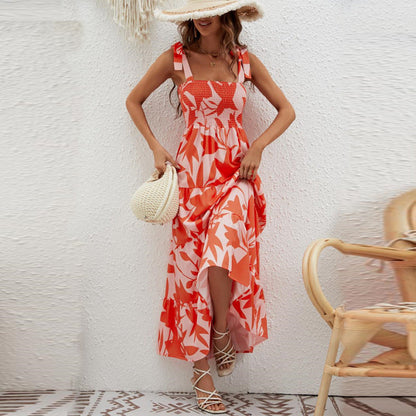 Women’s Maxi Dress – Fitted Bodice – Tie Straps – Tiered Skirt – Lightweight Cotton