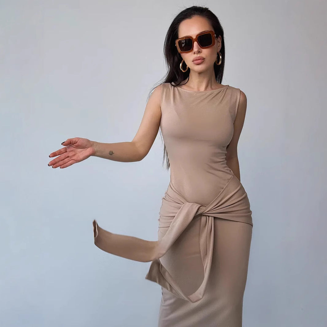 Women’s Bodycon Dress – Sleeveless Maxi – Round Neck – Waist Tie – Stretch Fit