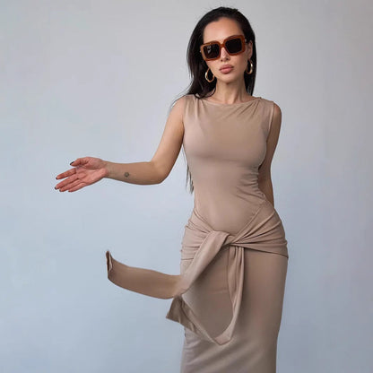 Women’s Bodycon Dress – Sleeveless Maxi – Round Neck – Waist Tie – Stretch Fit