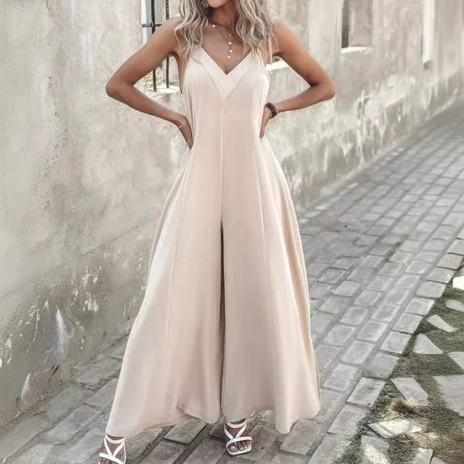 Cinched Waist Wide Leg V-Neck Jumpsuit
