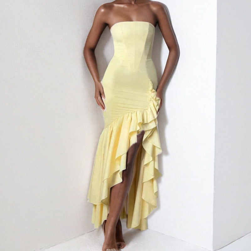 Women’s Strapless Dress – Slim Fit – Midi Length – Asymmetrical Ruffle Hem – Evening Wear