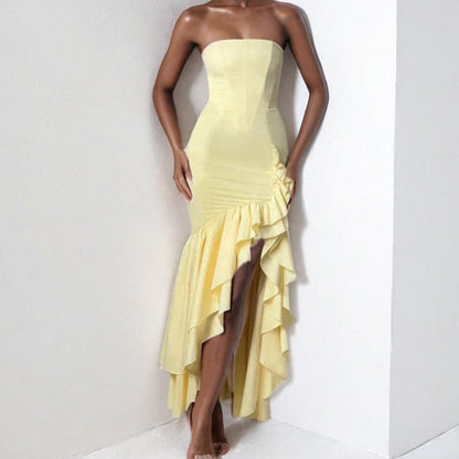 Women’s Strapless Dress – Slim Fit – Midi Length – Asymmetrical Ruffle Hem – Evening Wear