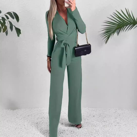 Tailored Wrap V-Neck Wide Leg Jumpsuit