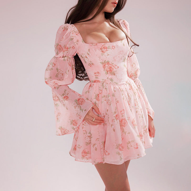 Floral Print Puffed Sleeve Mini Dress
