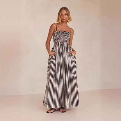 Women’s Maxi Dress – Spaghetti Straps – Ruched Bodice – Flowy Fit – Side Pockets