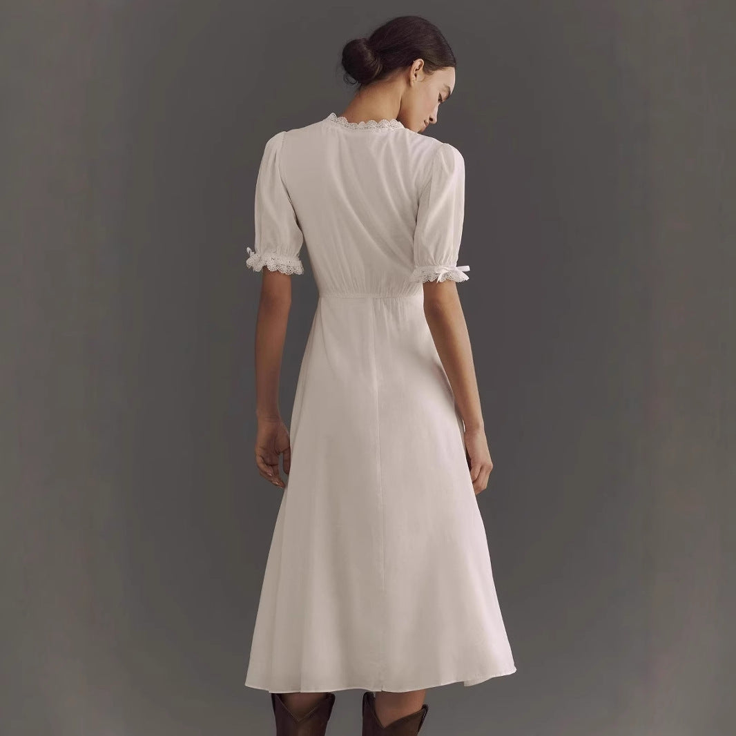 Women’s Midi Dress – Cotton Blend – Puff Sleeve – Lace V-Neck – A-Line Fit