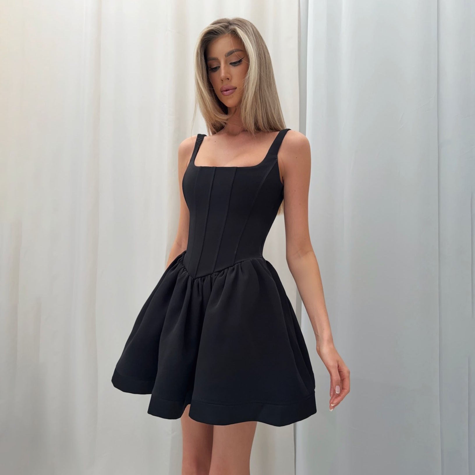 Satin Slim Fit Square Neck Mini Dress