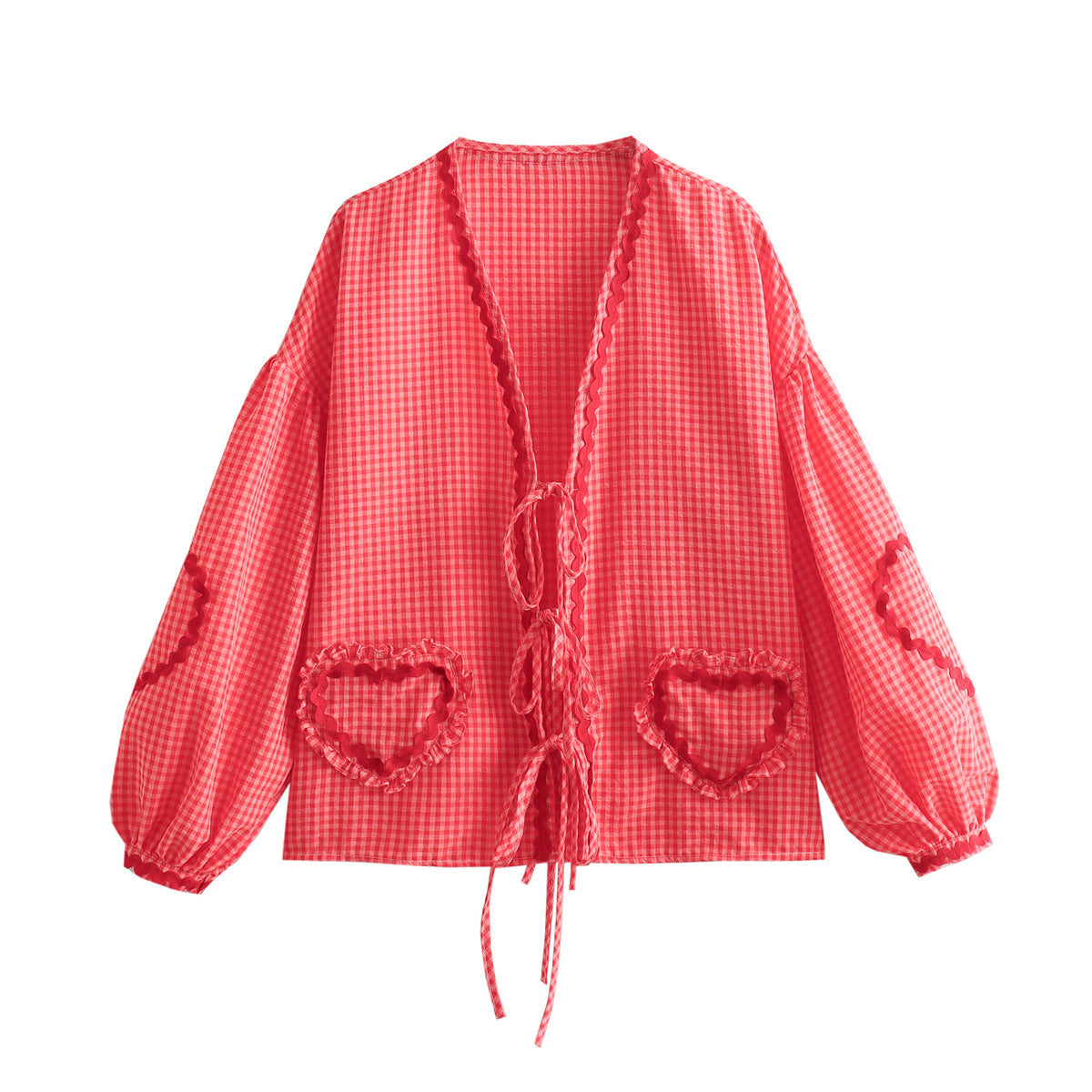 Gingham Checkered Puff Sleeve Embroidered Blouse