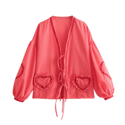 Women's Blouse - Gingham Checkered - Open Back with Ties - Puff Sleeve Embroidered