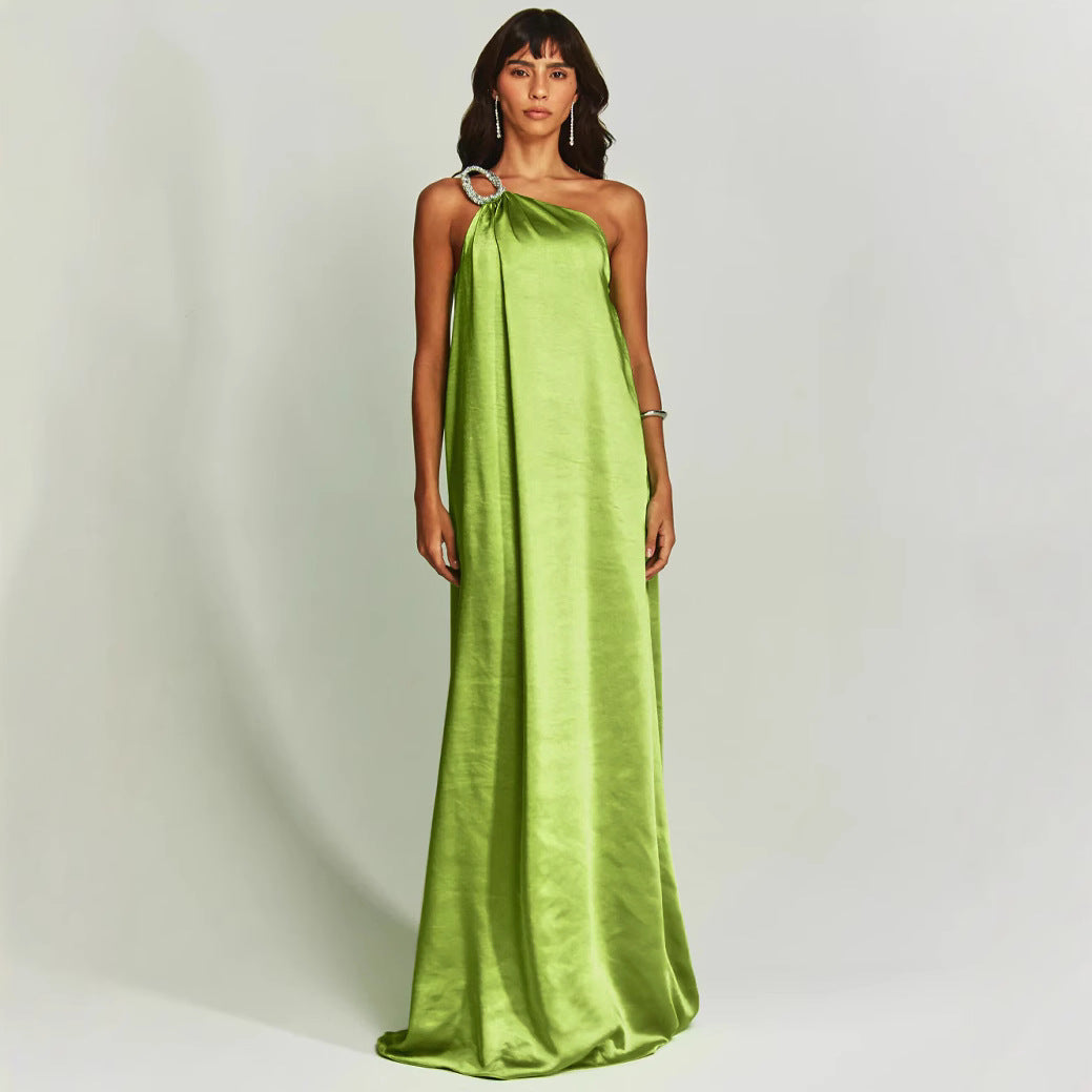 Women’s Evening Dress – Satin One Shoulder Gown – Embellished Ring – Flowy Fit