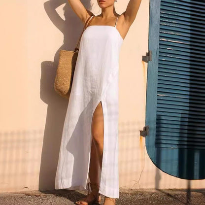 Women’s Midi Dress – Cotton Linen Blend – Relaxed Fit – Spaghetti Strap Side Slit