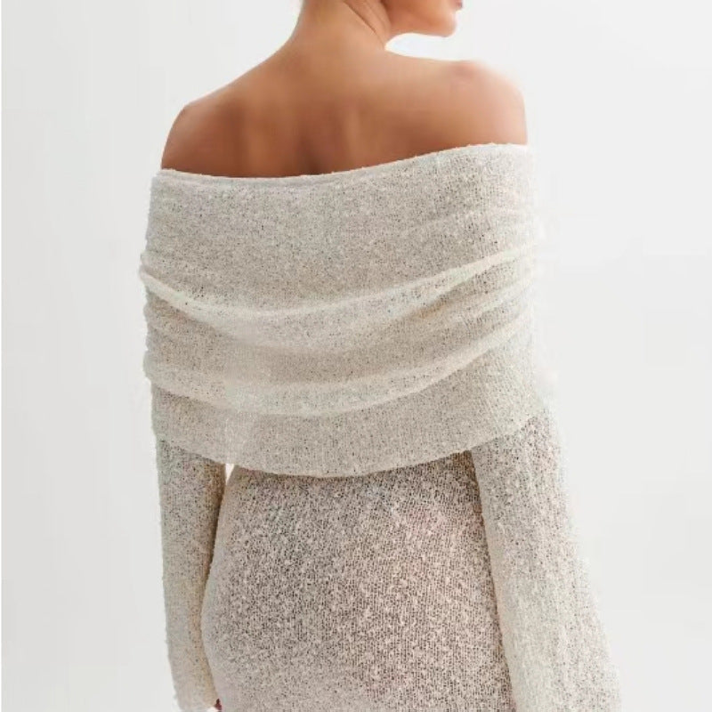 Women’s Knit Beach Dress – Off Shoulder – Slim Fit – Semi Sheer – Flared Sleeve Cover Up