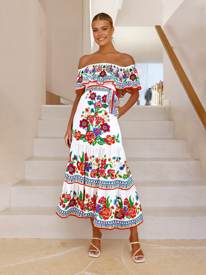 Women’s Maxi Dress – Off-Shoulder – Floral Print – Ruffled Bodice – Tiered Skirt