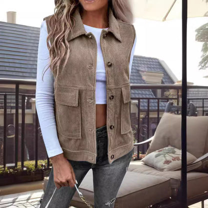 Women’s Sleeveless Cardigan Vest – Corduroy – Relaxed Fit – Button Front – Utility Pockets