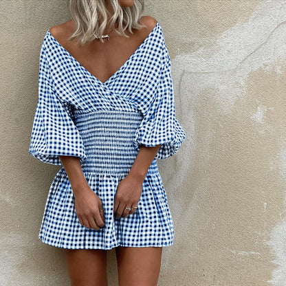 Women’s Mini Dress – Cotton Blend – V-Neck – Puff Sleeves – Elastic Waist – Gingham