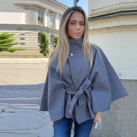 Wool Blend Belted Cape Coat 