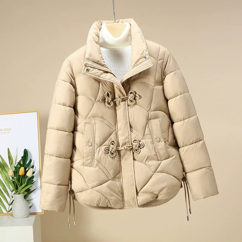 Quilted Geometric Pattern Puffer Jacket With Adjustable Hem 