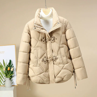 Women’s Puffer Jacket – Quilted Geometric Pattern – Frog Button – Adjustable Hem
