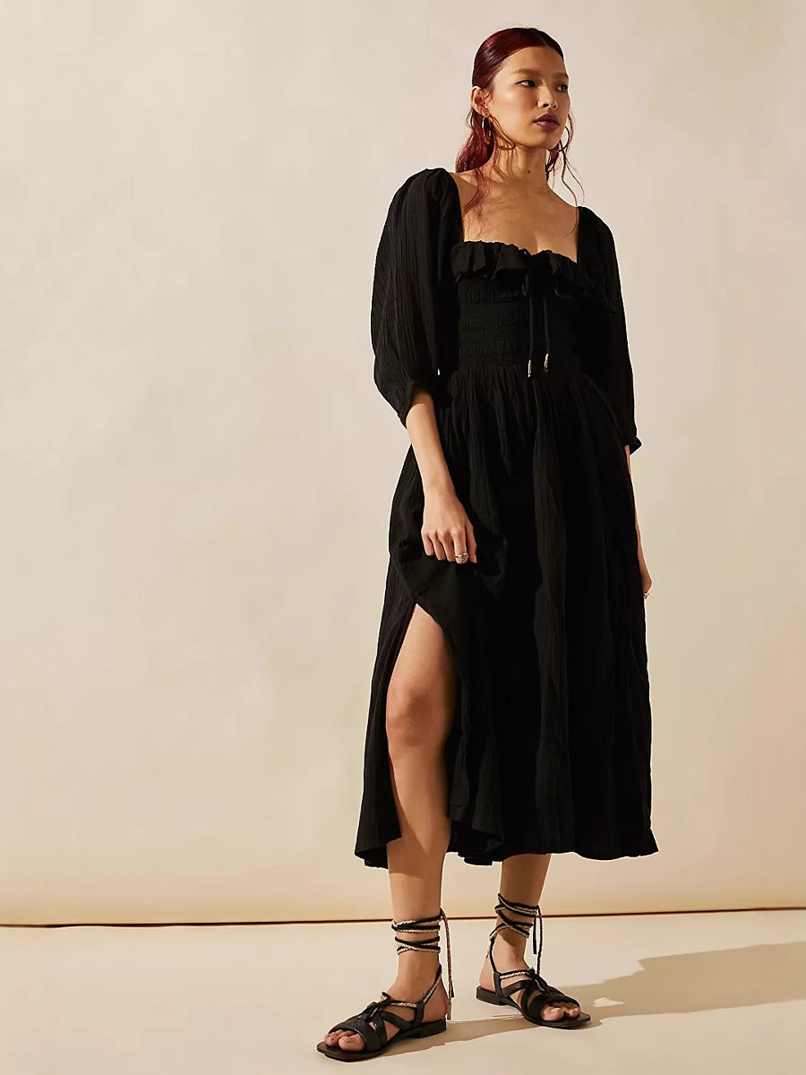 Women’s A-Line Dress – Cotton Blend – Smocked Waist – V-Neck Ruffle – Long Sleeve
