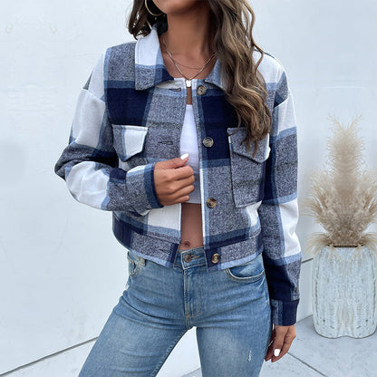 Women's single-breasted plaid lapel jacket