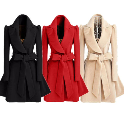 Women’s Coat – Slim Fit Belted Waist – Flared A-Line Skirt – Wool Feel – Wide Collar