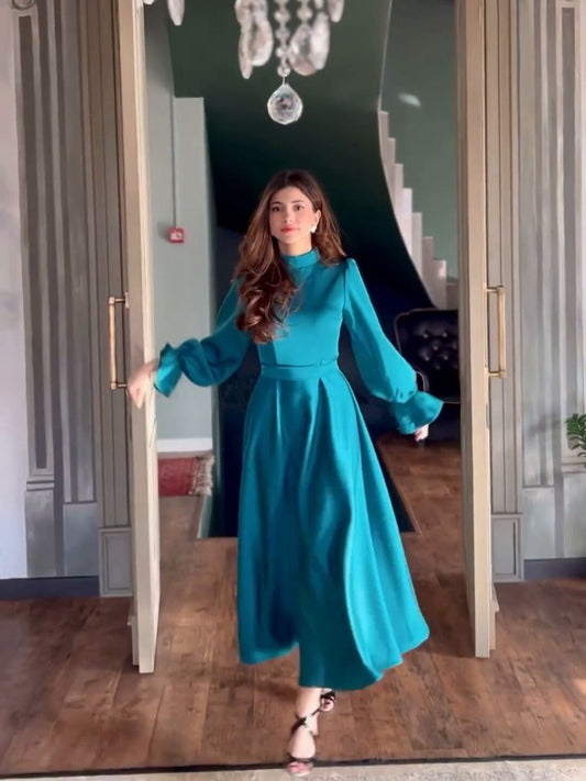 High Neck - Lantern Sleeve Long Dress