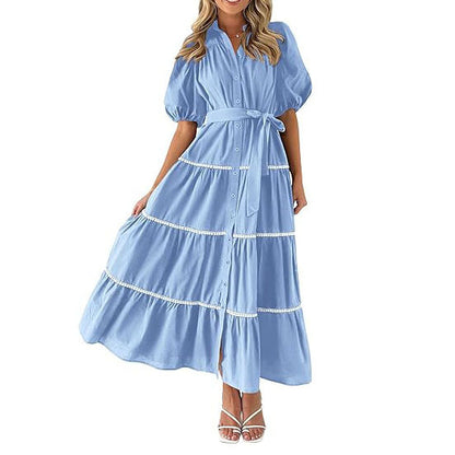 Women's Maxi Dress - Buttoned Tiered Style - Puff Sleeves - Waist Tie