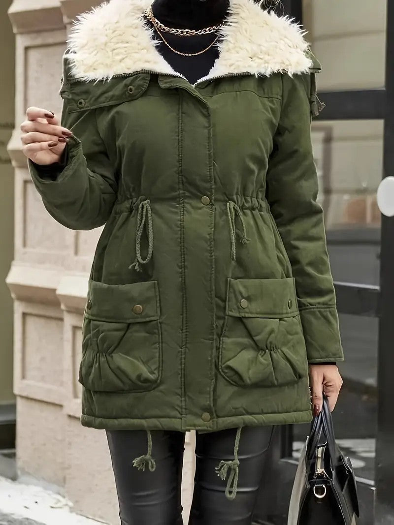 Faux Fur Hood Mid-Length Parka Jacket 