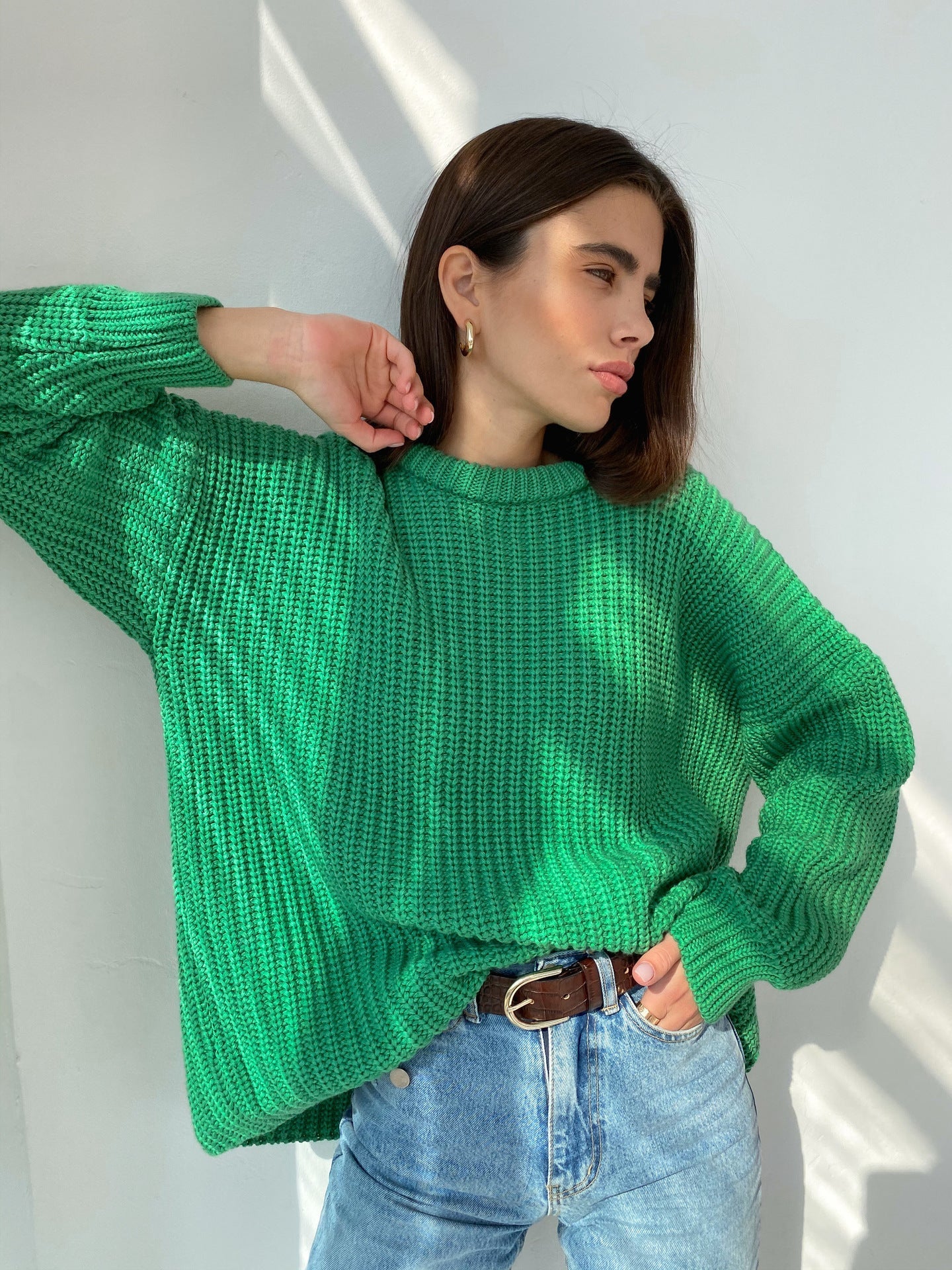 Ribbed Oversized Knit Crew Neck Sweater 