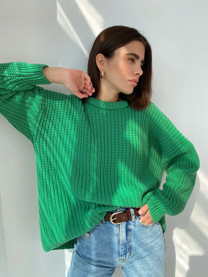 Women’s Knit Sweater – Oversized Fit – Ribbed Texture – Crew Neck Casual Layering
