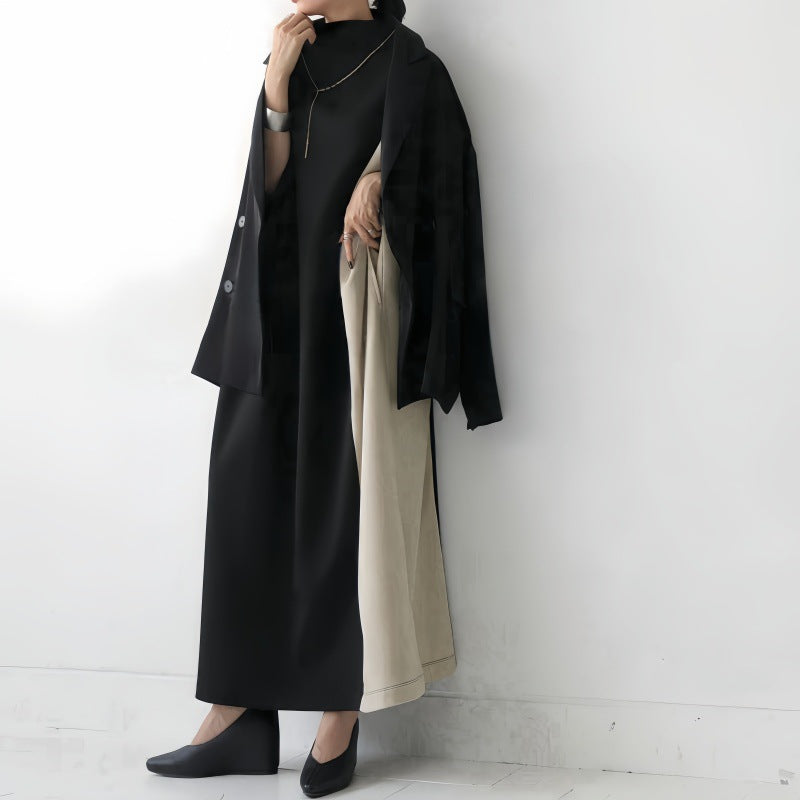 Women’s Midi Dress – Loose Fit – Half Turtleneck – Batwing Sleeve – Two-Tone Design
