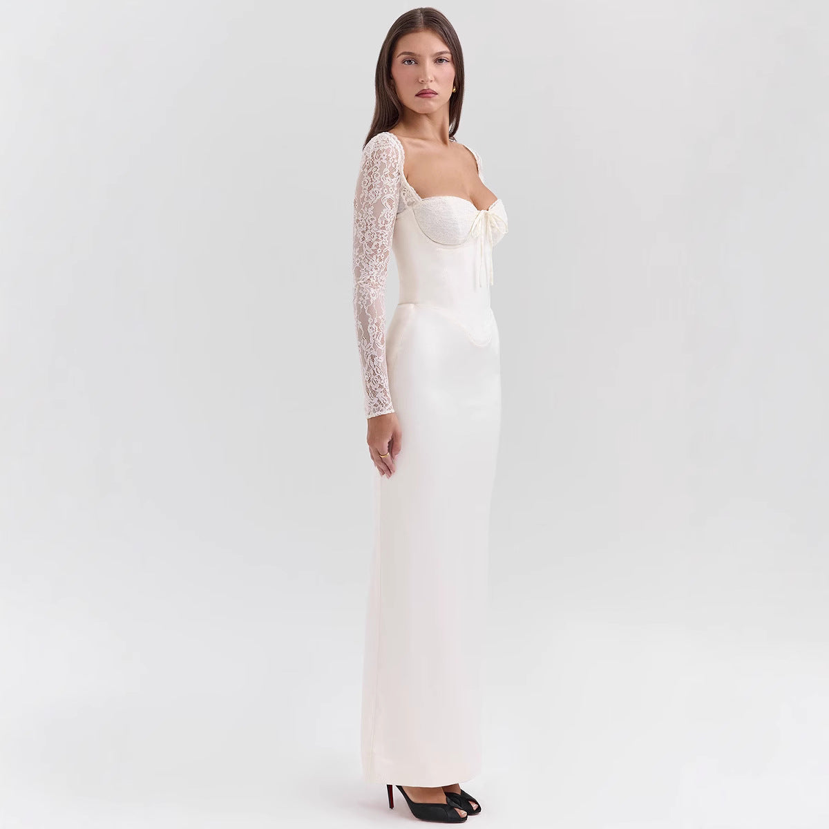 Women’s Evening Dress – Satin Bodycon Fit – Lace Long Sleeves – Sweetheart Bustier