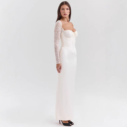 Women’s Evening Dress – Satin Bodycon Fit – Lace Long Sleeves – Sweetheart Bustier