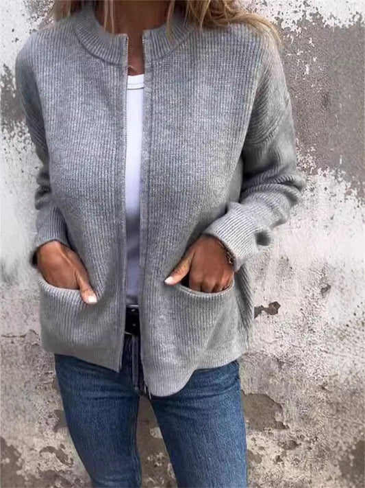 Ribbed Knit Loose Fit Zipper Jacket 