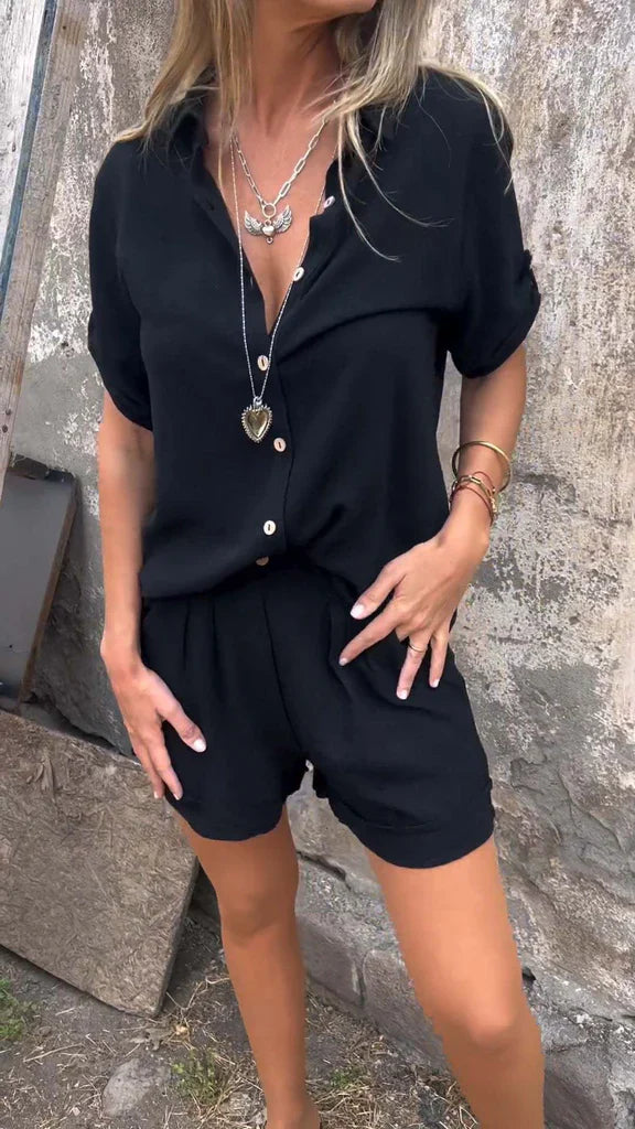 Linen Blend Relaxed Fit Button-Up Jumpsuit 