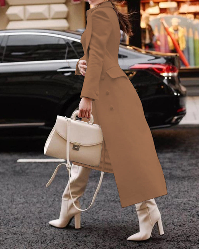Women’s Long Jacket – Tailored Fit – Wool Feel – Elegant Collar – Formal Style