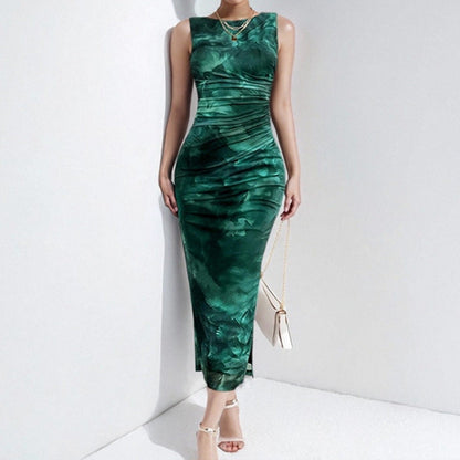 Women’s Sleeveless Dress – Slim Fit – Midi Length – Abstract Print – Side Slit