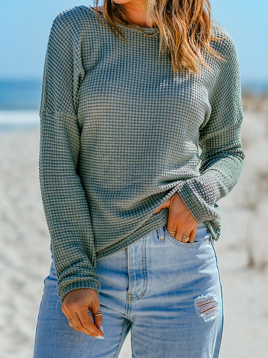 Waffle Knit Relaxed Fit Long Sleeve Top 