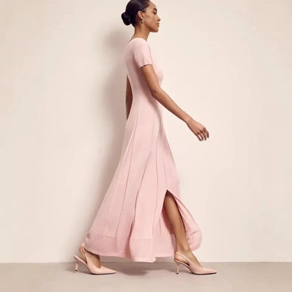 Women’s Maxi Dress – Slim Fit – V-Neck – Pleated – Short Sleeve – Front Slit