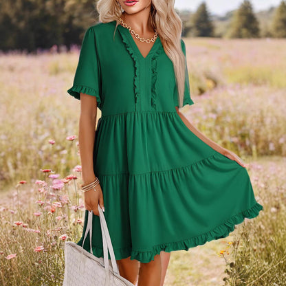 Women’s A-Line Dress – V-Neck – Ruffle Trim – Tiered – Lightweight Relaxed Fit