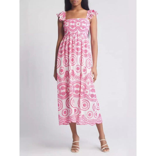 Lightweight Cotton Ruffle Sleeve Midi Dress