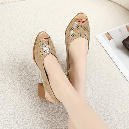 Women's Peep Toe Block Heel Pumps - Perforated Design - Elegant Finish