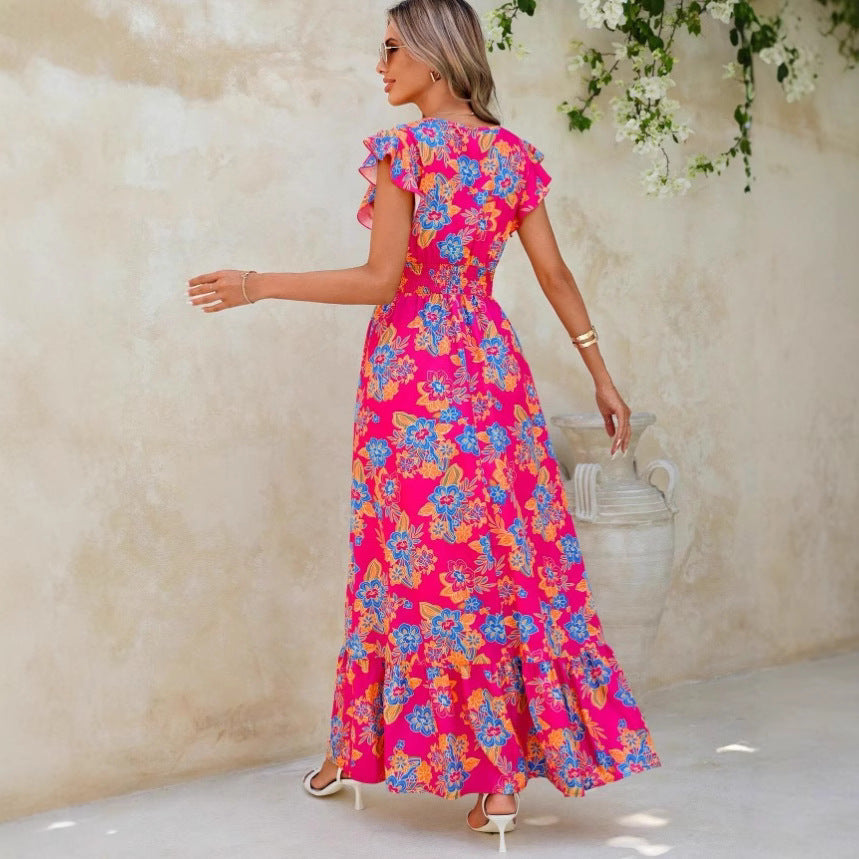 Women’s Maxi Dress – Floral Print – V-Neck – Sleeveless – Tiered Hem – Relaxed Fit