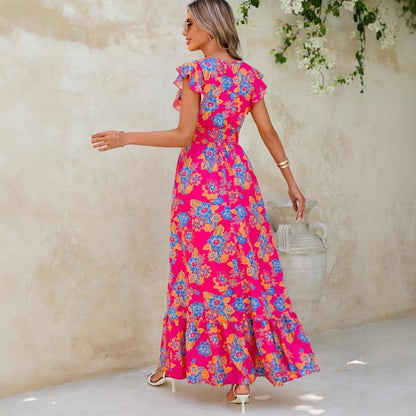 Women’s Maxi Dress – Floral Print – V-Neck – Sleeveless – Tiered Hem – Relaxed Fit
